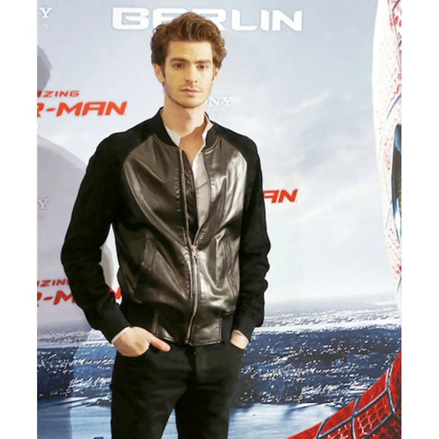 Andrew Garfield Suede Sleeves Black Leather Bomber Jacket