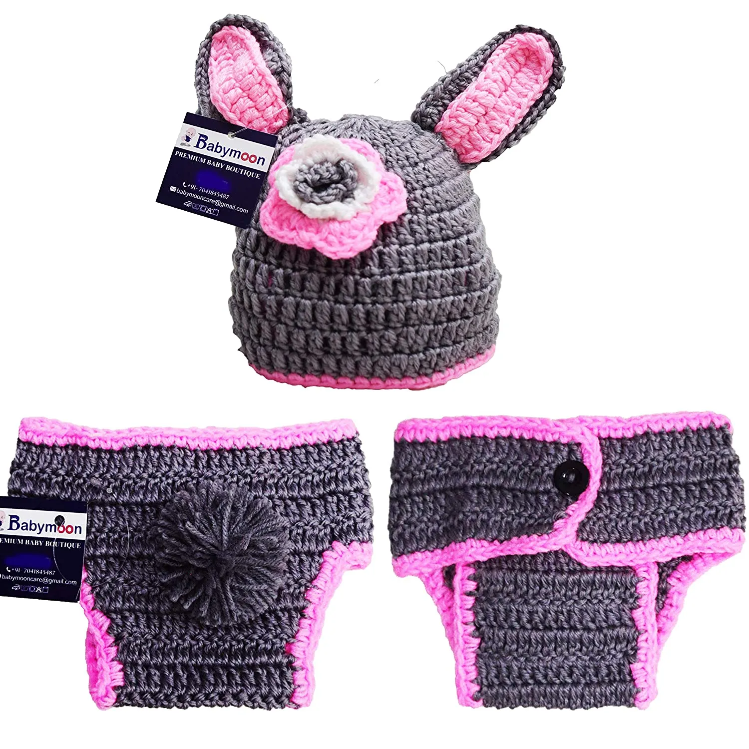 Babymoon Rabbit Newborn Photography Crochet Outfit Costume - Grey