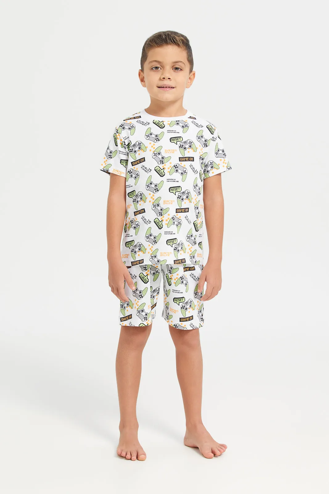 Boys White Printed Night Wear Set (2 Piece)