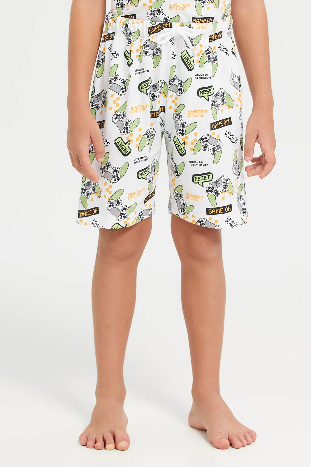 Boys White Printed Night Wear Set (2 Piece)