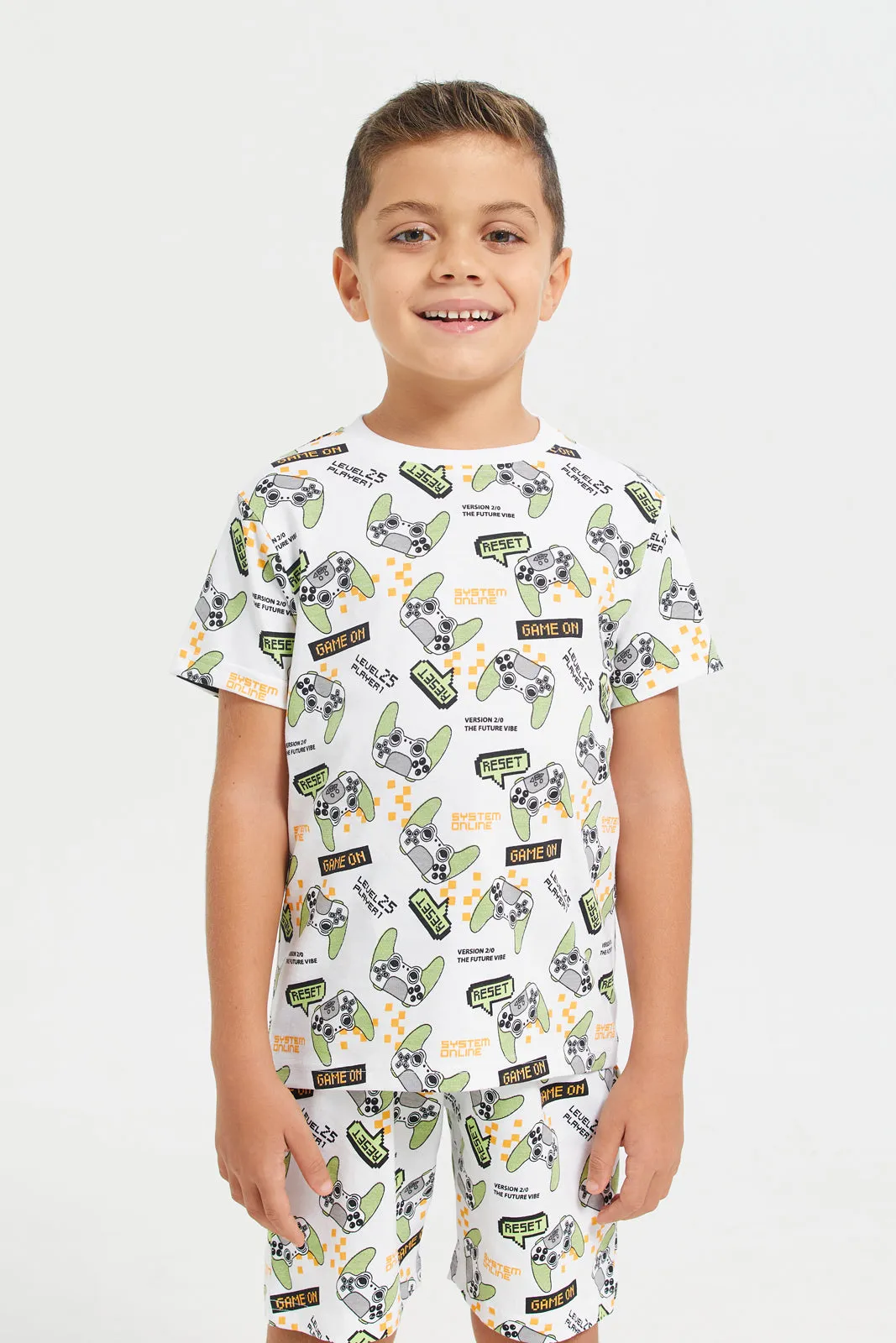 Boys White Printed Night Wear Set (2 Piece)