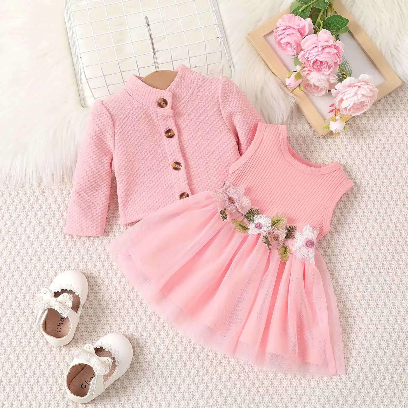 Buttons Front Long-sleeve Textured Jacket & Floral Decor Mesh Panel Tank Dress Set - Baby Girl (2Pcs)