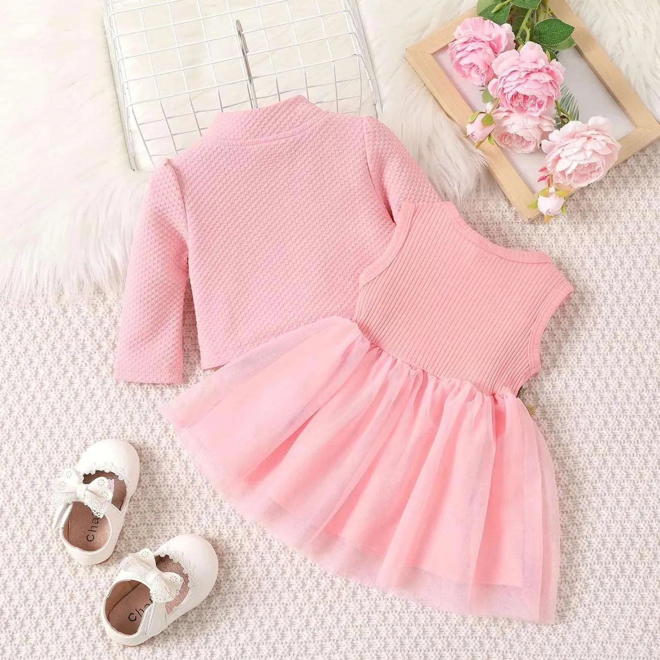 Buttons Front Long-sleeve Textured Jacket & Floral Decor Mesh Panel Tank Dress Set - Baby Girl (2Pcs)