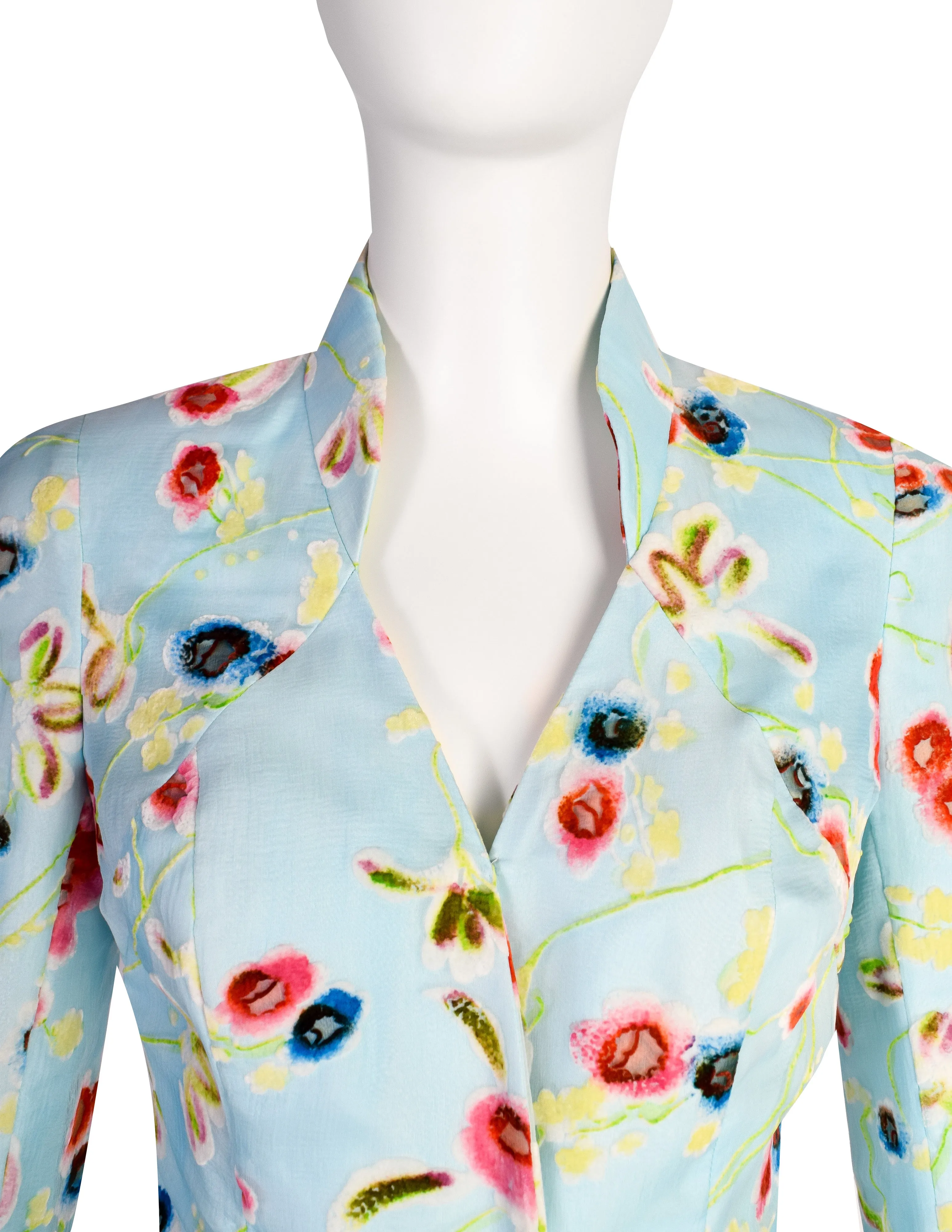 Christian Lacroix Vintage SS 1998 Baby Blue Silk Georgette Degrade Velvet Floral Jacket Paint Suit