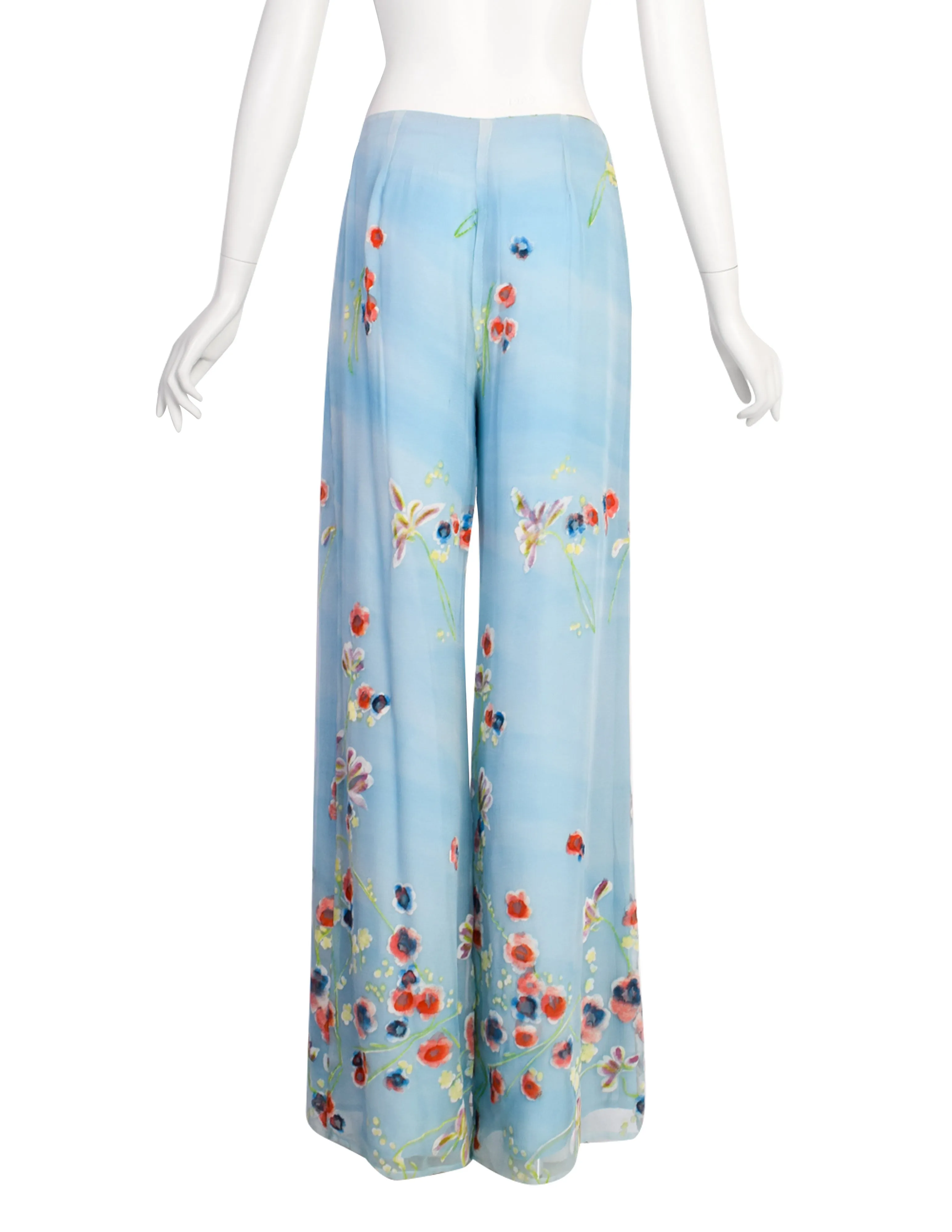 Christian Lacroix Vintage SS 1998 Baby Blue Silk Georgette Degrade Velvet Floral Jacket Paint Suit