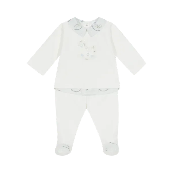 Deolinda - White  2 piece outfit, blue rocking horse detail