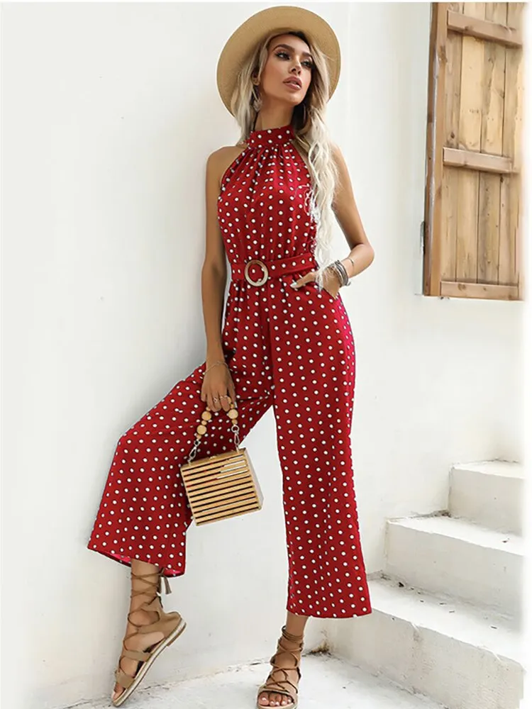 Elegant Women Jumpsuit Casual Polka Dot Print Wide-leg Long Romper