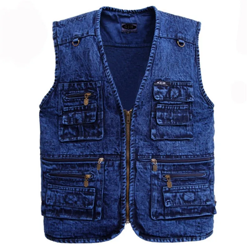 Men's vest Outerwear denim waistcoat deep blue color plus size sleeveless  jacket Multi-pocket size XL to 5XL