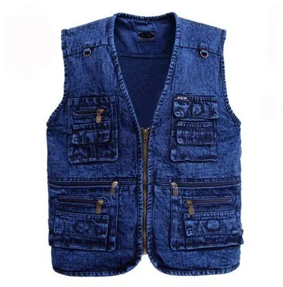 Men's vest Outerwear denim waistcoat deep blue color plus size sleeveless  jacket Multi-pocket size XL to 5XL