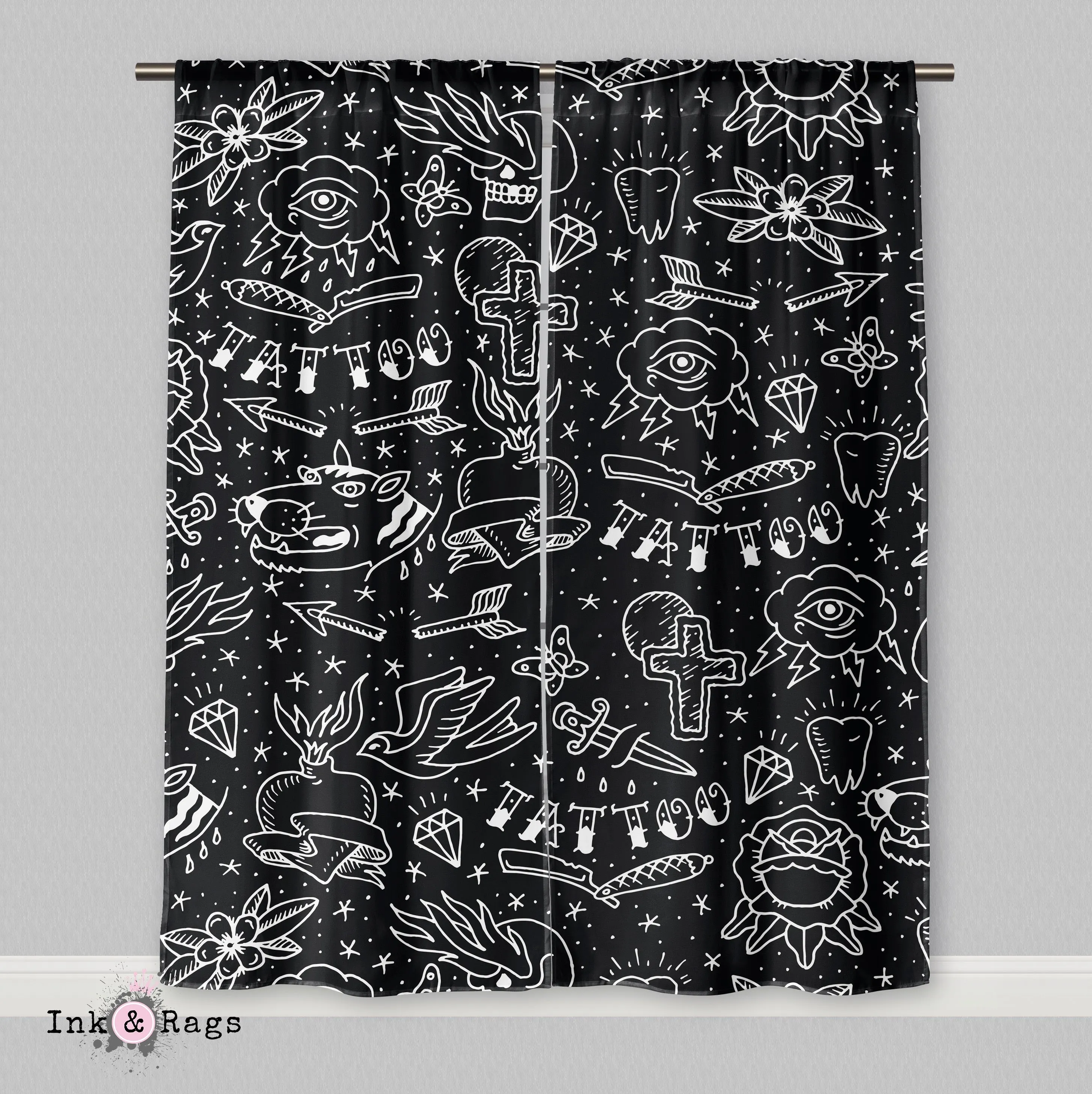 Rockabilly Hand Drawn Tattoo Curtains